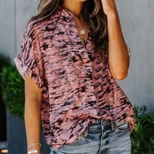 Pink/Black Split Neck Short Sleeve Blouse M